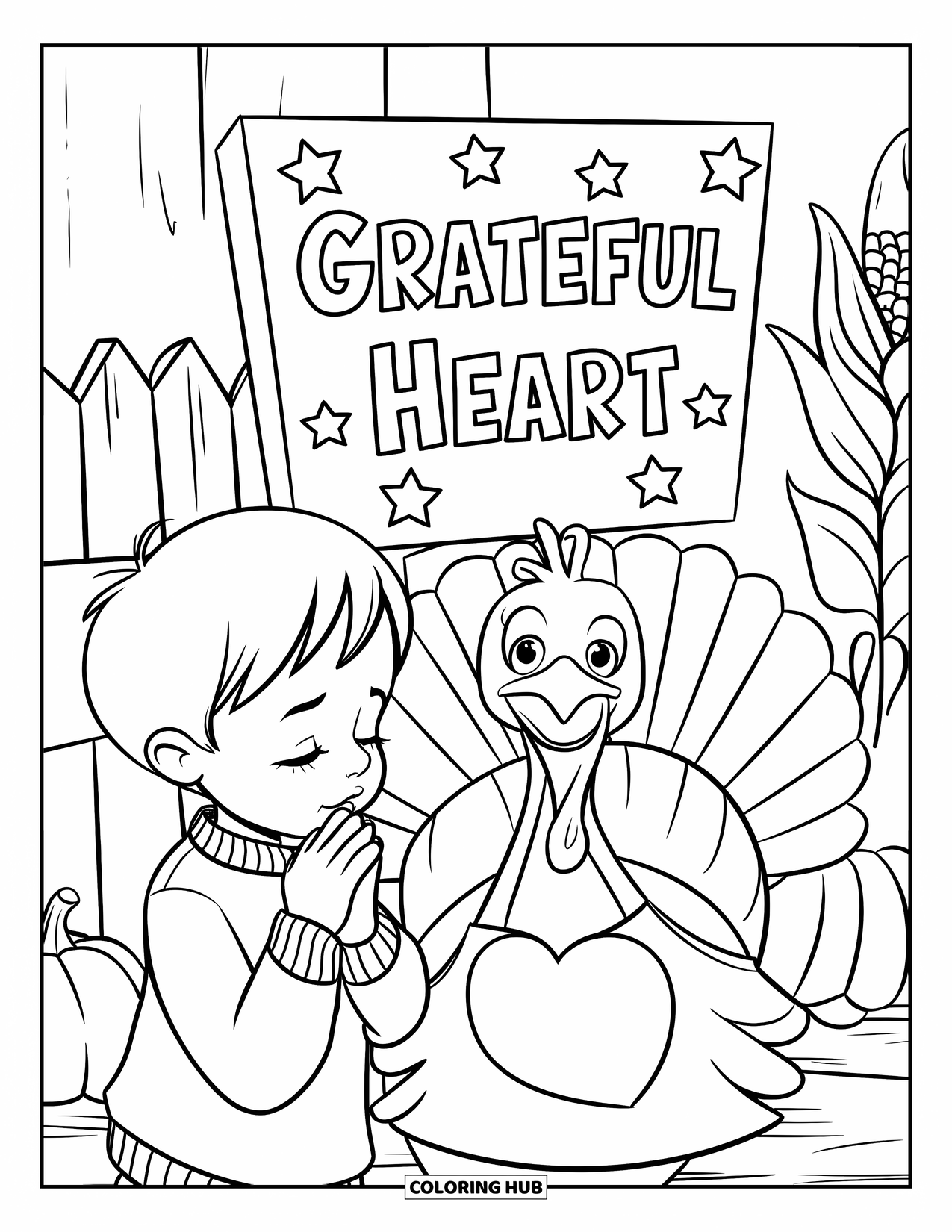 Christian Thanksgiving Coloring Page for Kids: Child in sweater prays next to a turkey in a rustic scene