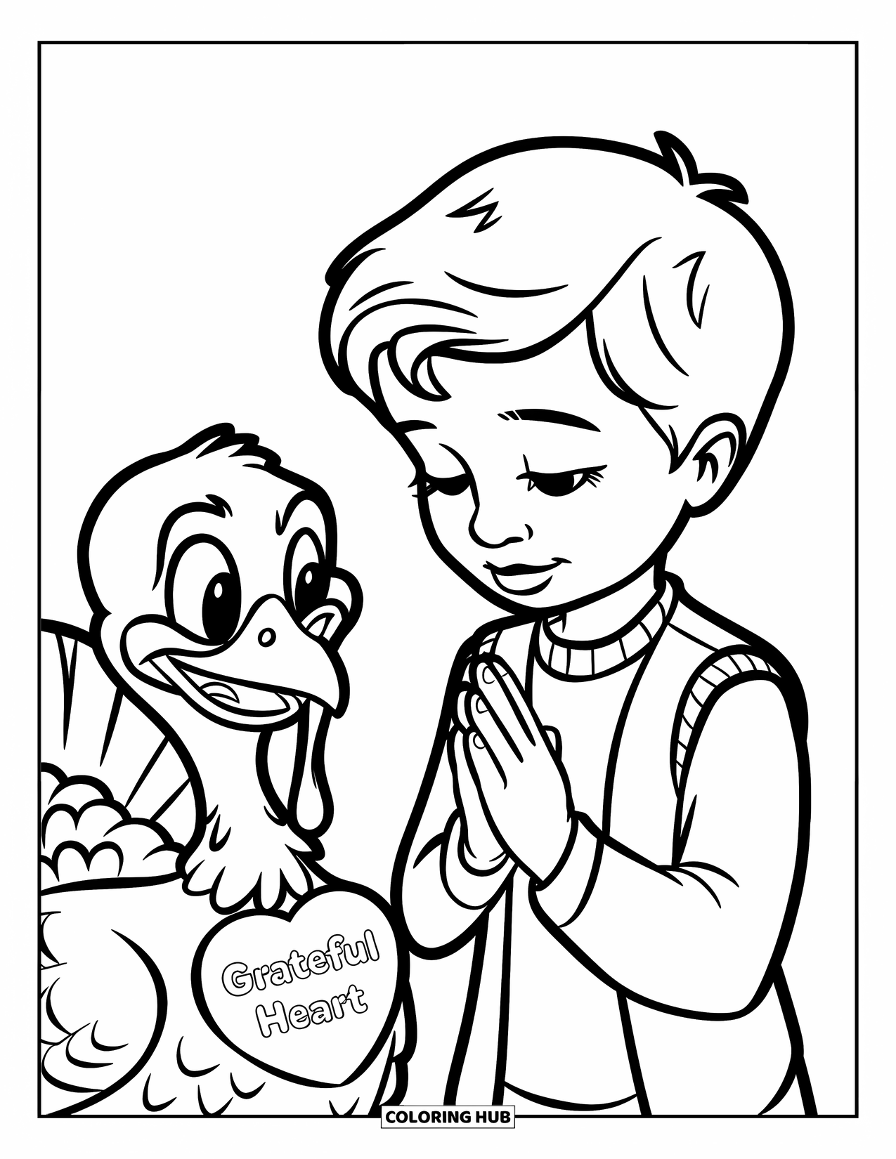 Christian Thanksgiving Coloring Page for Kids: Child praying beside a turkey wearing a Grateful Heart sign