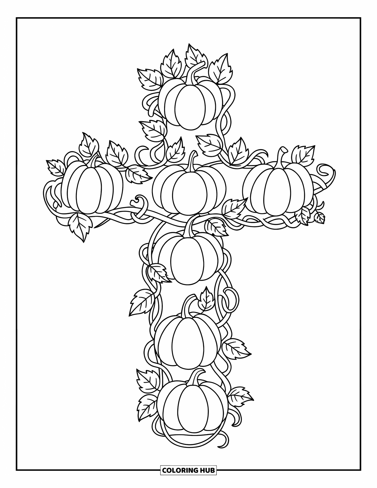 Christian Thanksgiving Coloring Page for Kids: Cross made of vines, leaves, and pumpkins on a white background