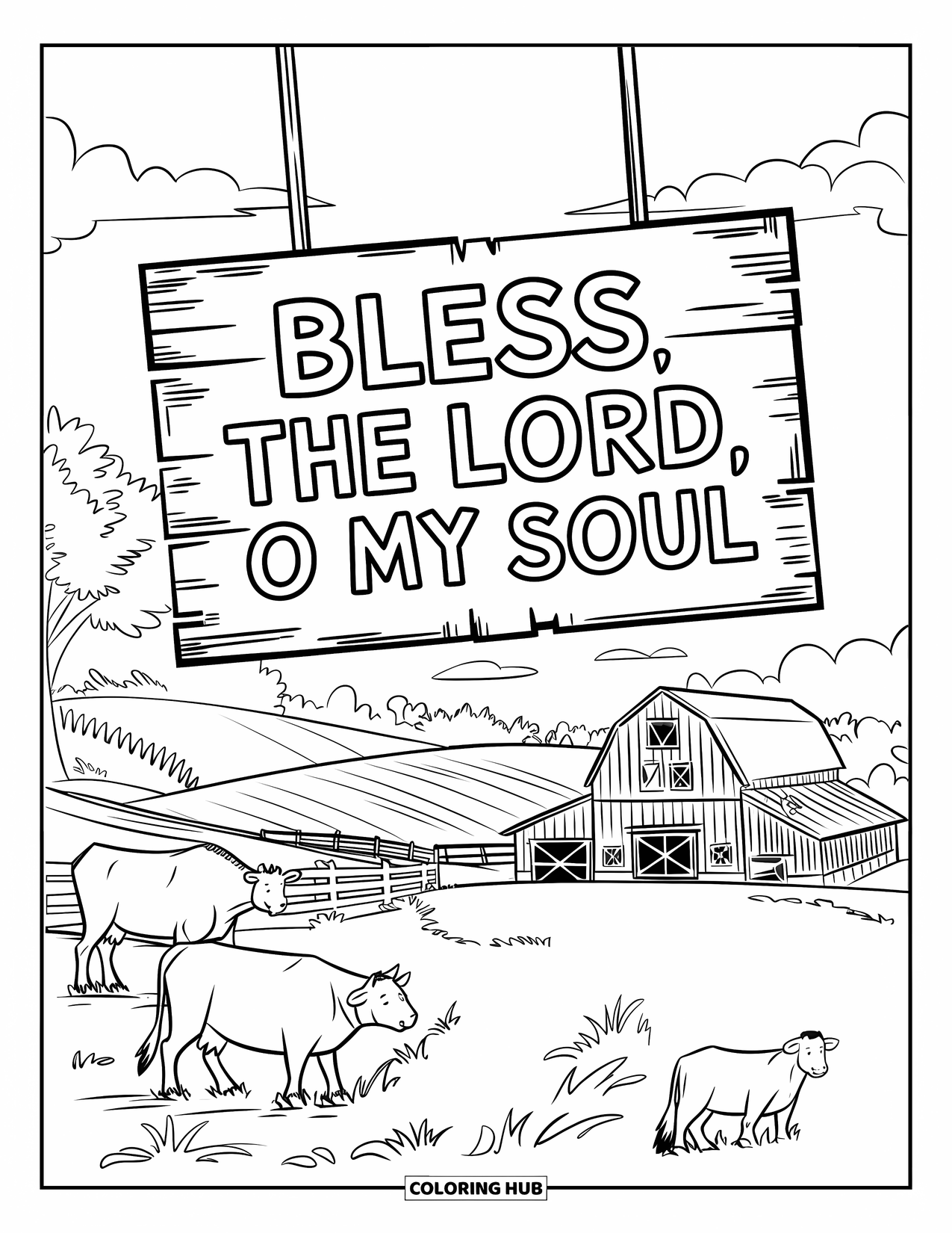 Christian Thanksgiving Coloring Page for Kids: Farm scene with barn and animals under a Bless the Lord sign