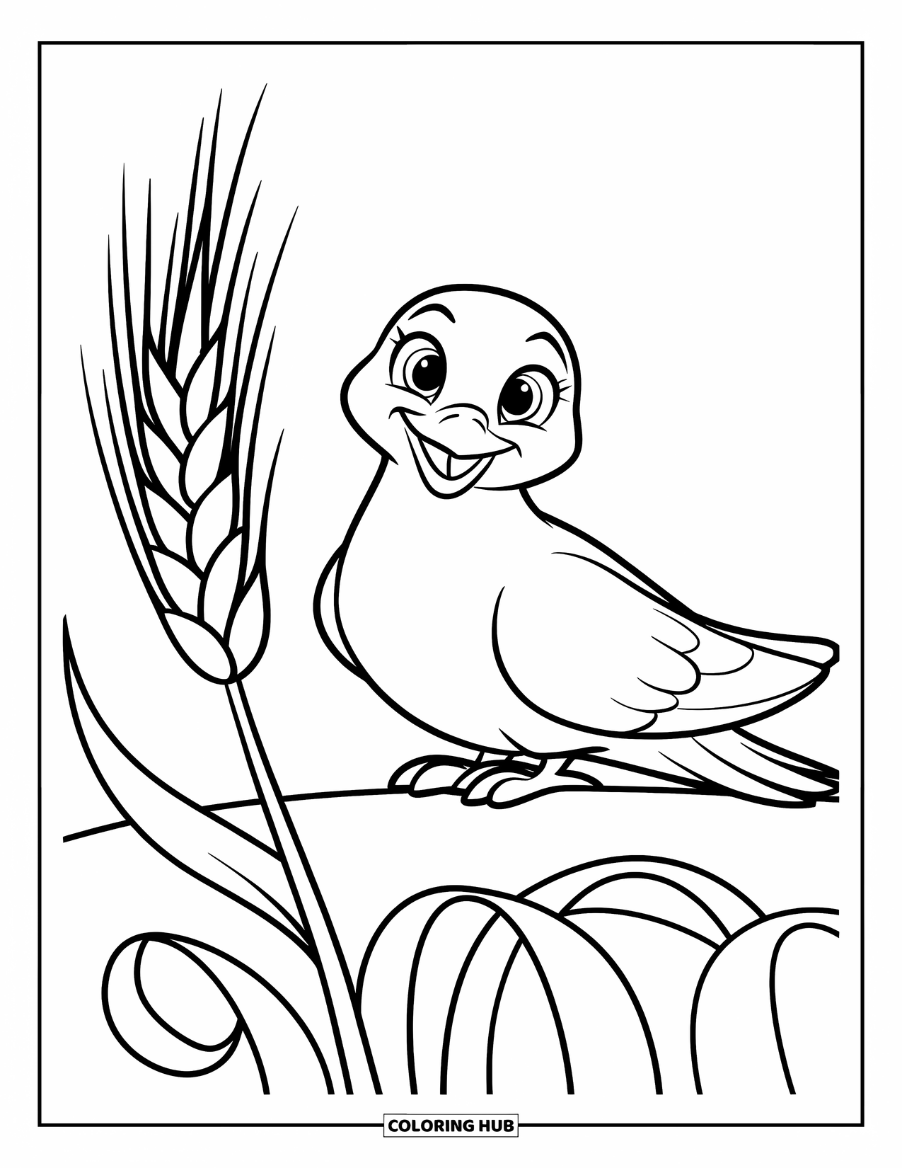 Christian Thanksgiving Coloring Page for Kids: Friendly dove with big eyes resting above a wheat stalk