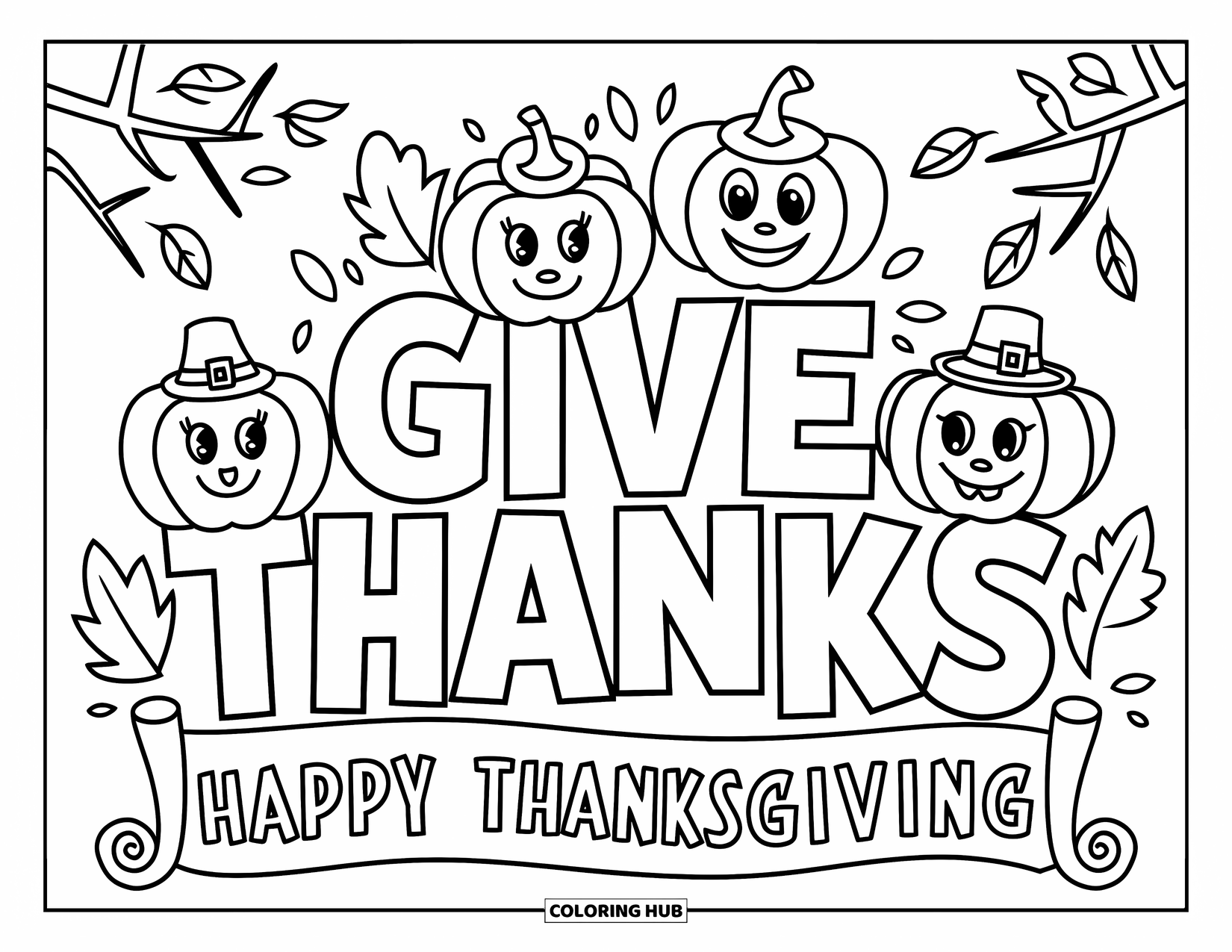 Christian Thanksgiving Coloring Page for Kids: Give Thanks design with pumpkins in hats and scrolls that say Happy Thanksgiving