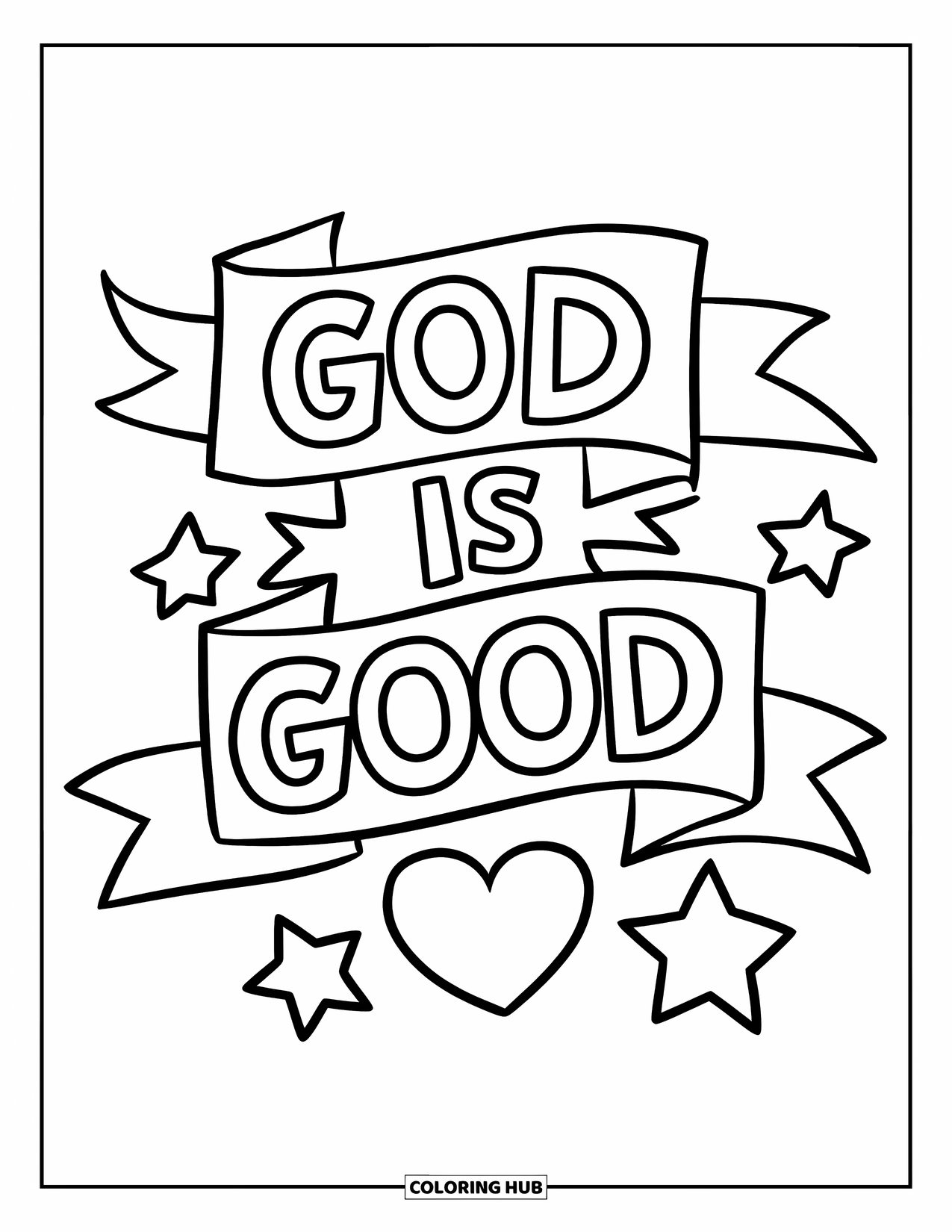 Christian Thanksgiving Coloring Page for Kids: God is Good banner, heart, and stars in a clean design