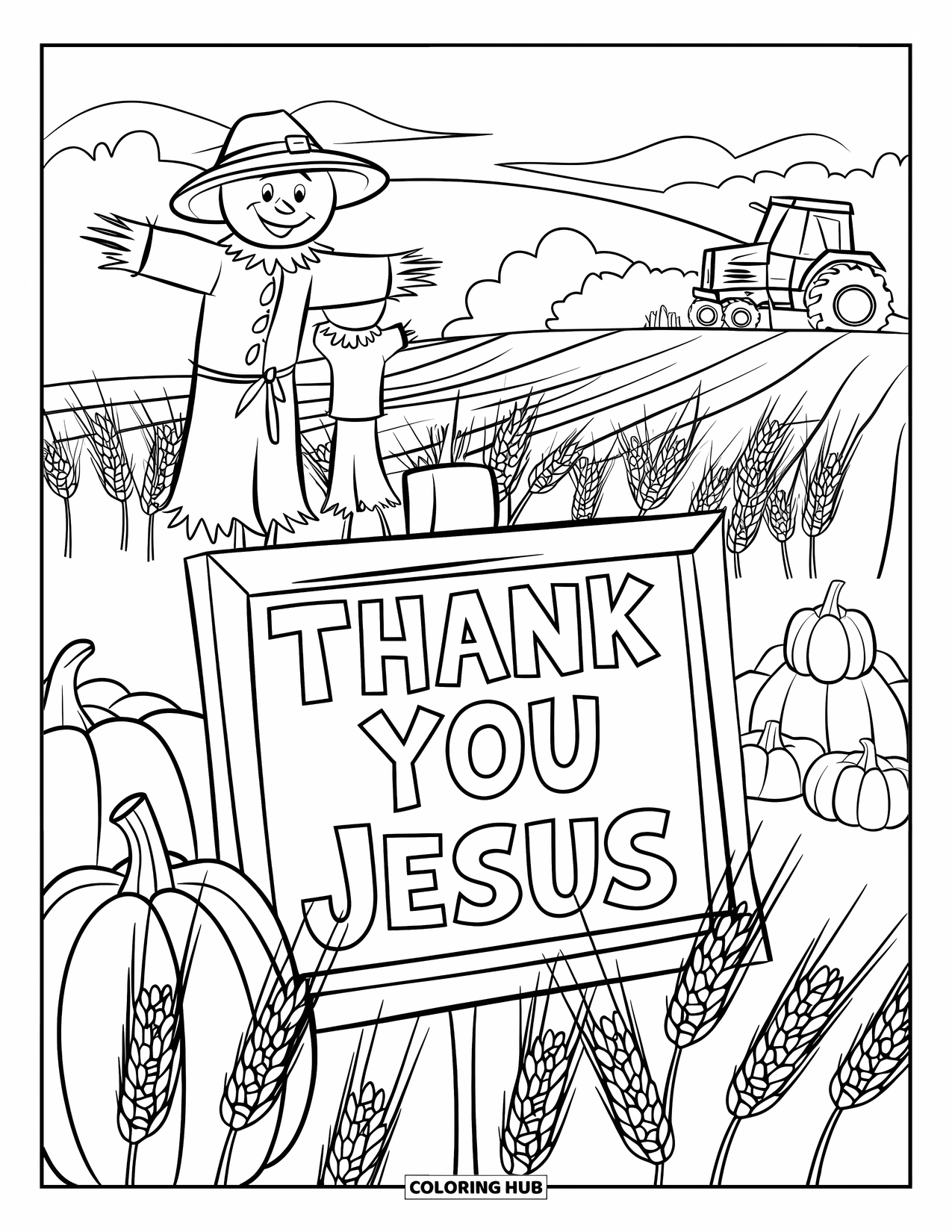 Christian Thanksgiving Coloring Page for Kids: Harvest field with a Thank You Jesus sign and a tractor