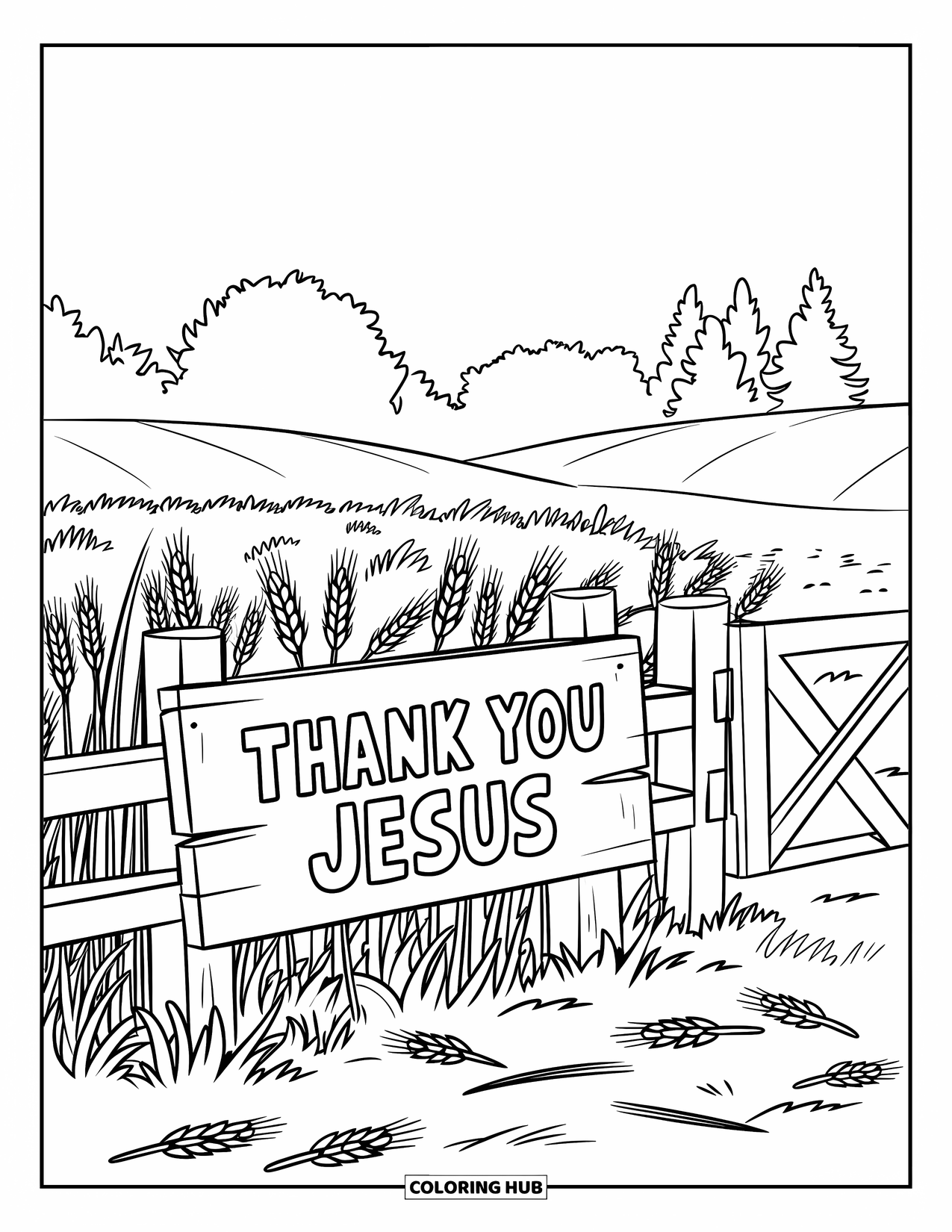 Christian Thanksgiving Coloring Page for Kids: Harvest scene with wheat, fence, and Thank You Jesus sign