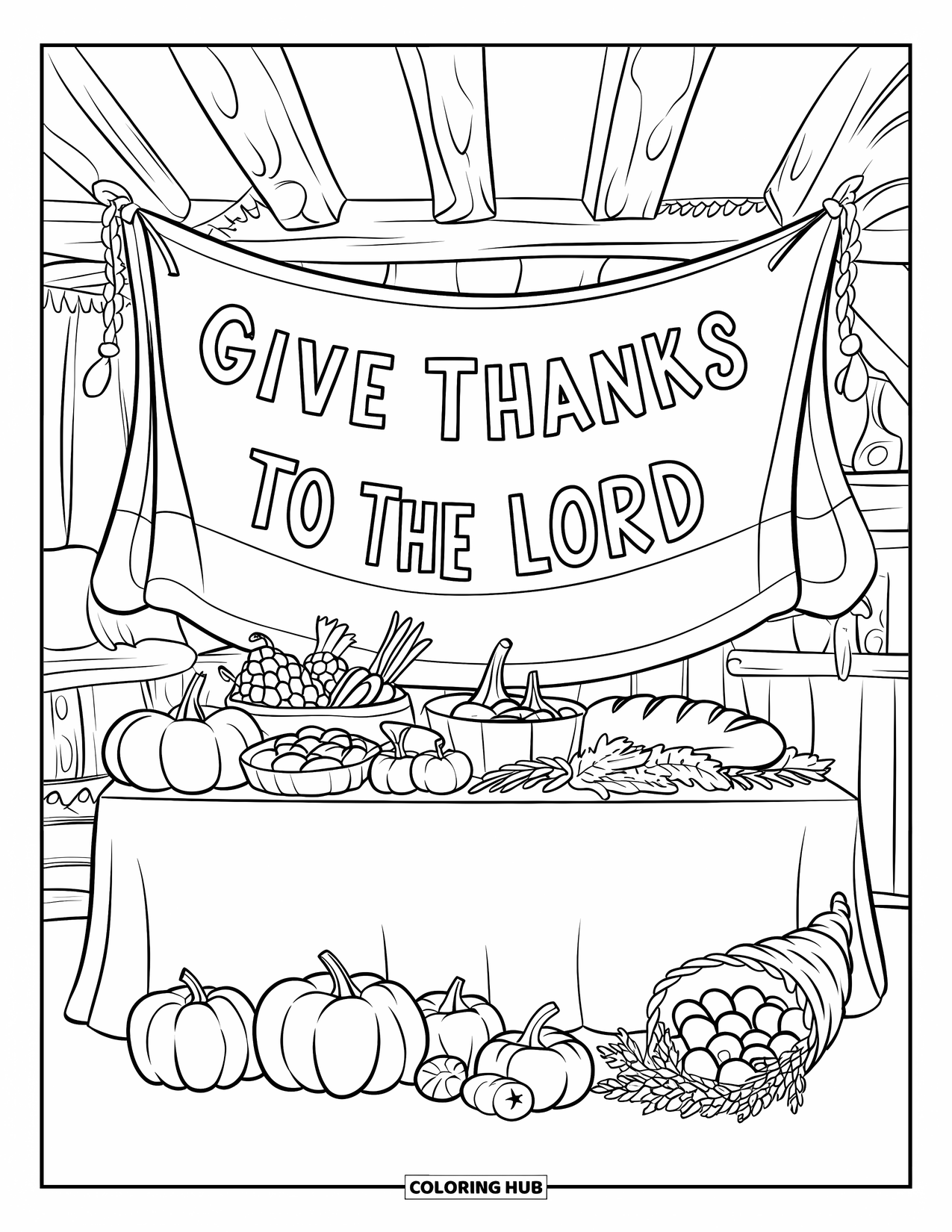 Christian Thanksgiving Coloring Page for Kids: Harvest table with Give Thanks to the Lord banner and autumn foods