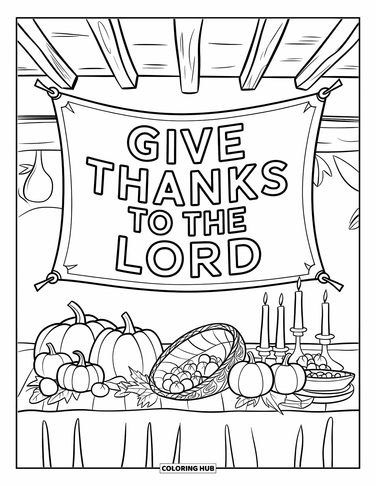 Christian Thanksgiving Coloring Page for Kids: Harvest table with gourds and a Give Thanks to the Lord banner