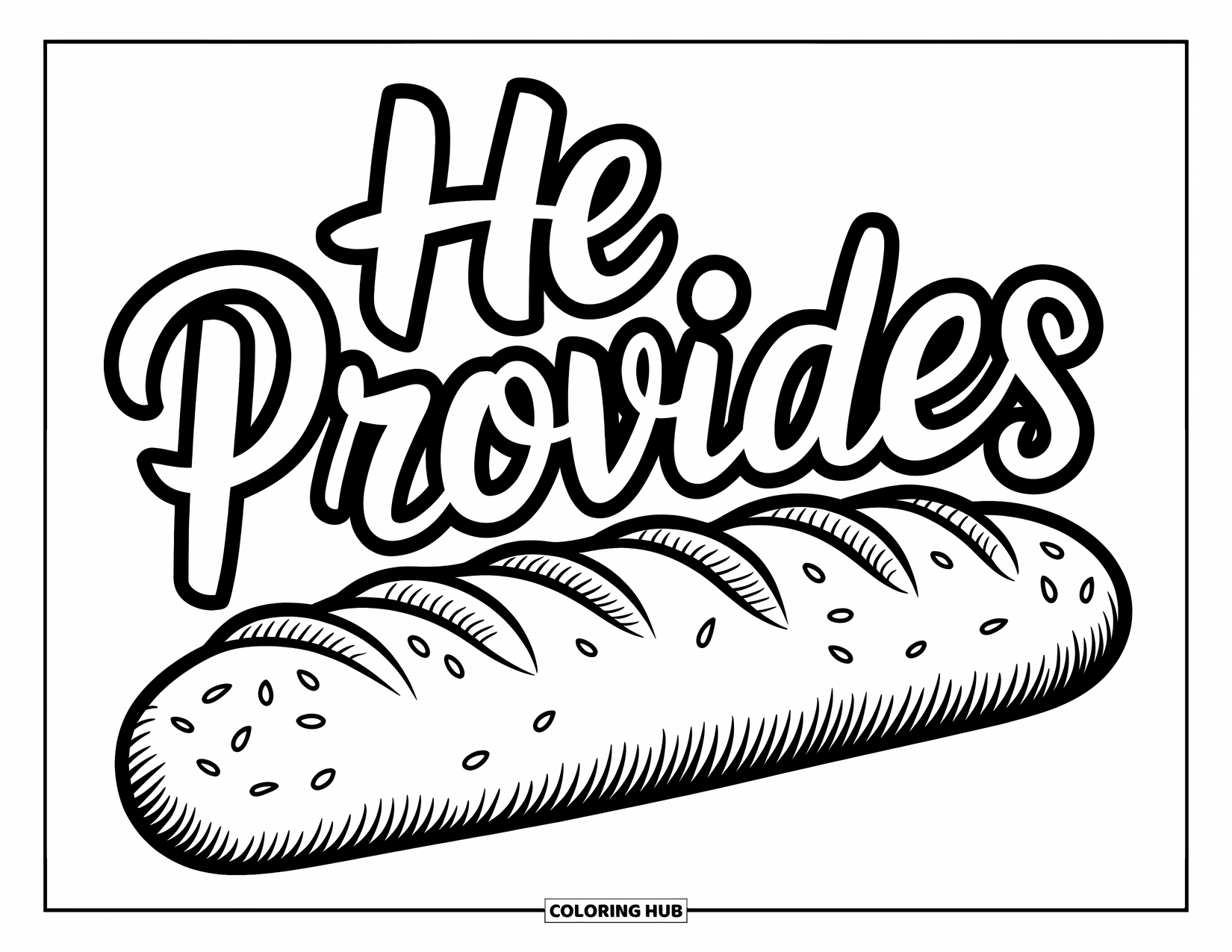Christian Thanksgiving Coloring Page for Kids: He Provides text above a loaf of seeded bread