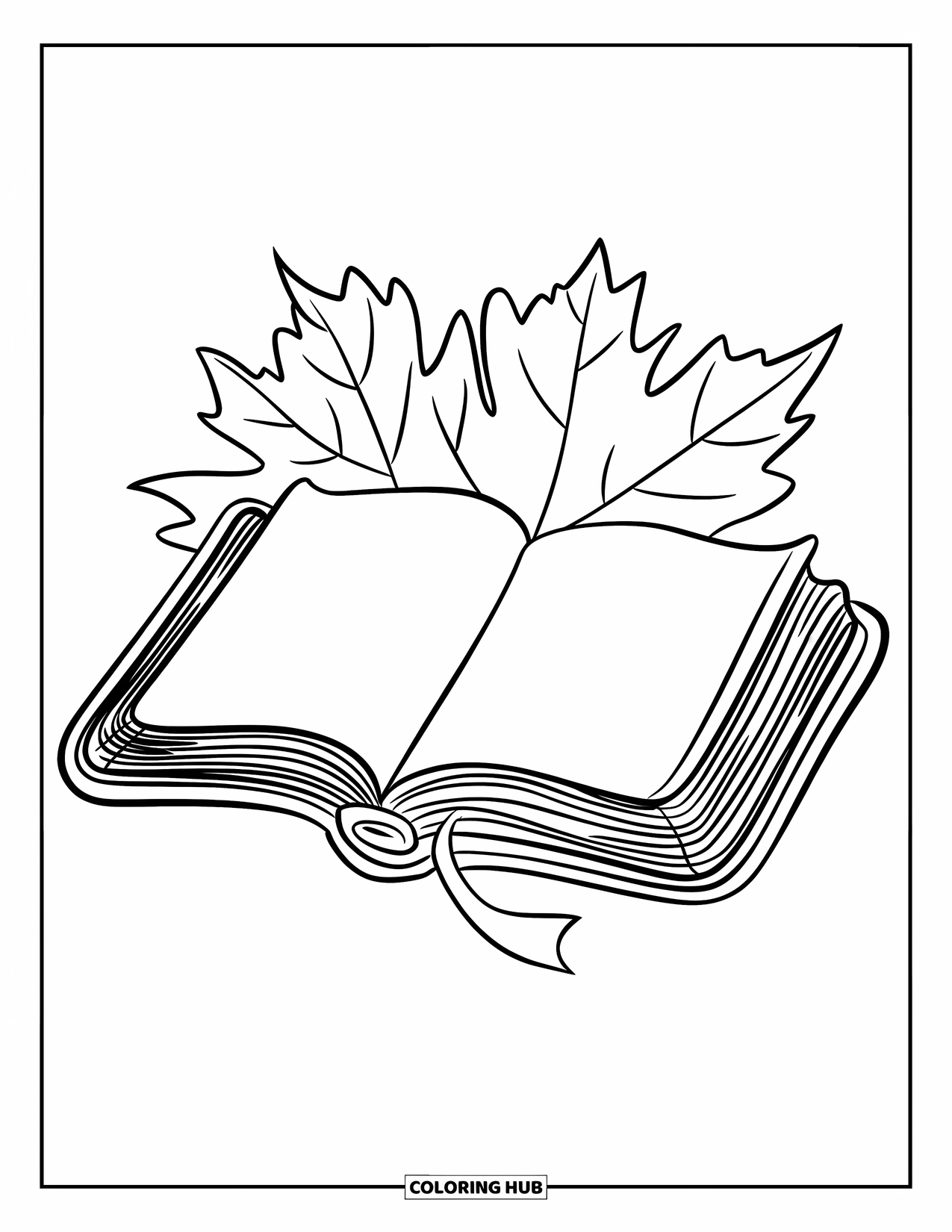 Christian Thanksgiving Coloring Page for Kids: Open Bible with maple leaf and acorn, drawn in a bold expressive style