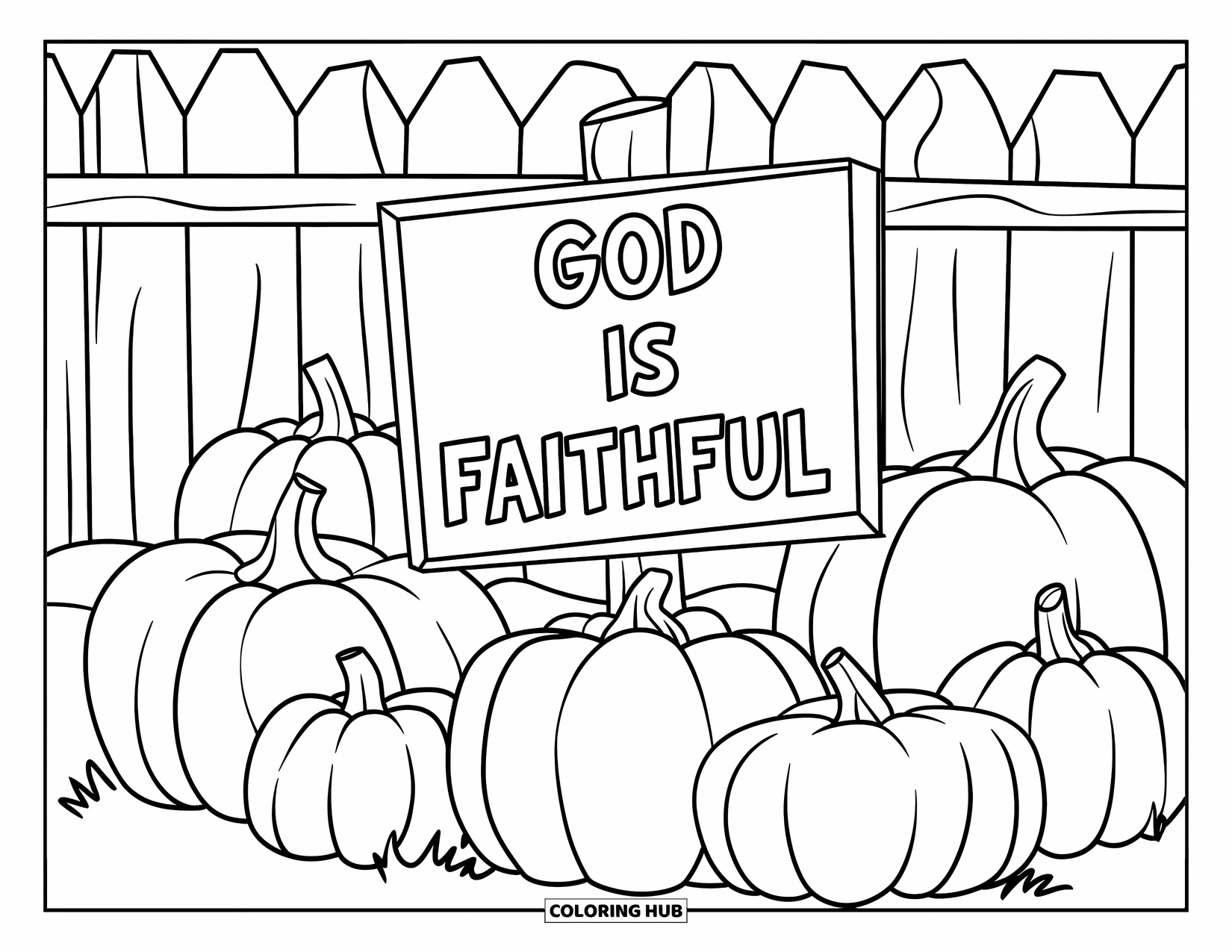 Christian Thanksgiving Coloring Page for Kids: Patch of pumpkins under a God is Faithful sign and wooden fence