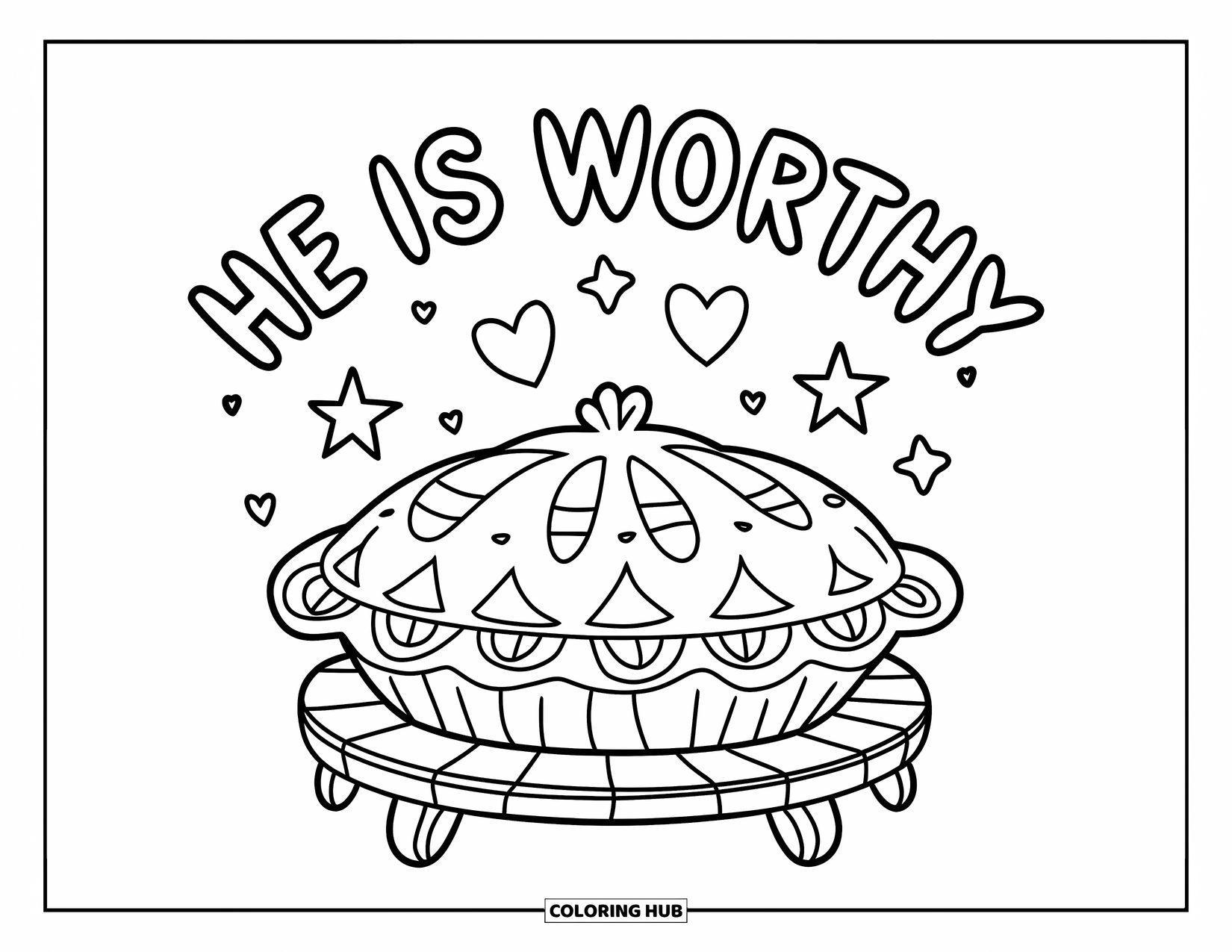 Christian Thanksgiving Coloring Page for Kids: Pie on a wooden base with He is Worthy written above it