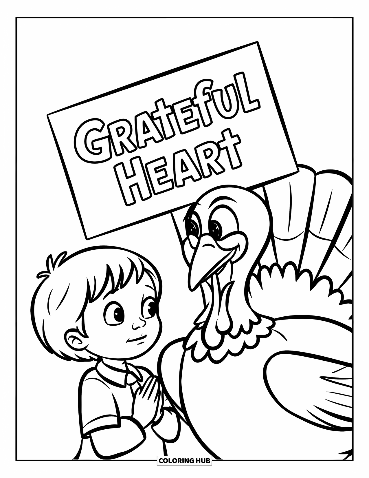 Christian Thanksgiving Coloring Page for Kids: Praying child and a turkey holding a Grateful Heart sign