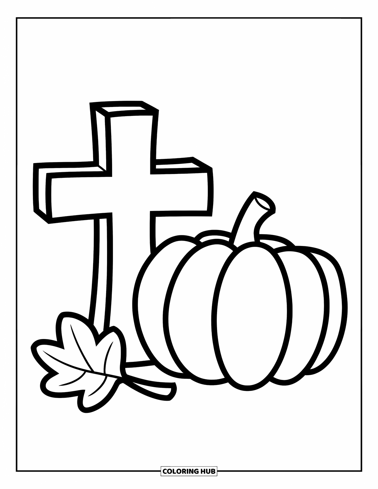 Christian Thanksgiving Coloring Page for Kids: Preschool design of a cross, pumpkin, and leaf in bold lines
