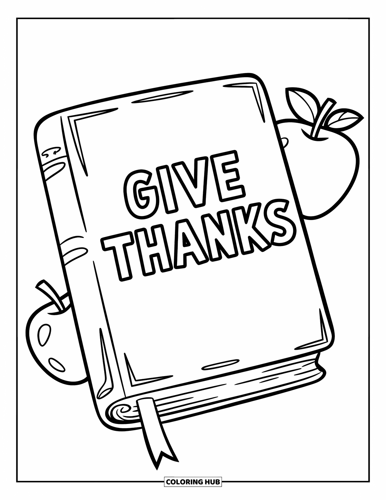Christian Thanksgiving Coloring Page for Kids: Preschool-friendly Bible and apples with Give Thanks message