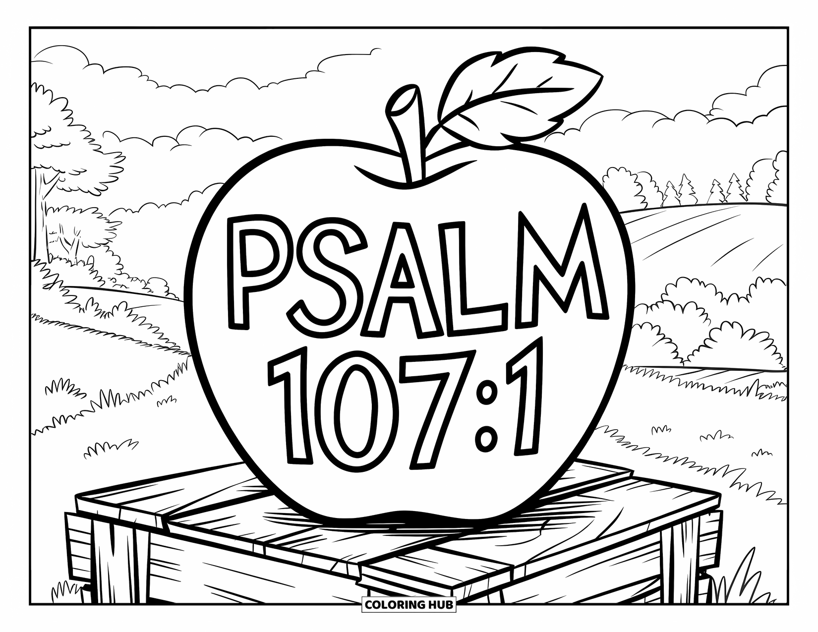 Christian Thanksgiving Coloring Page for Kids: Psalm 107:1 apple sitting on a crate in the countryside
