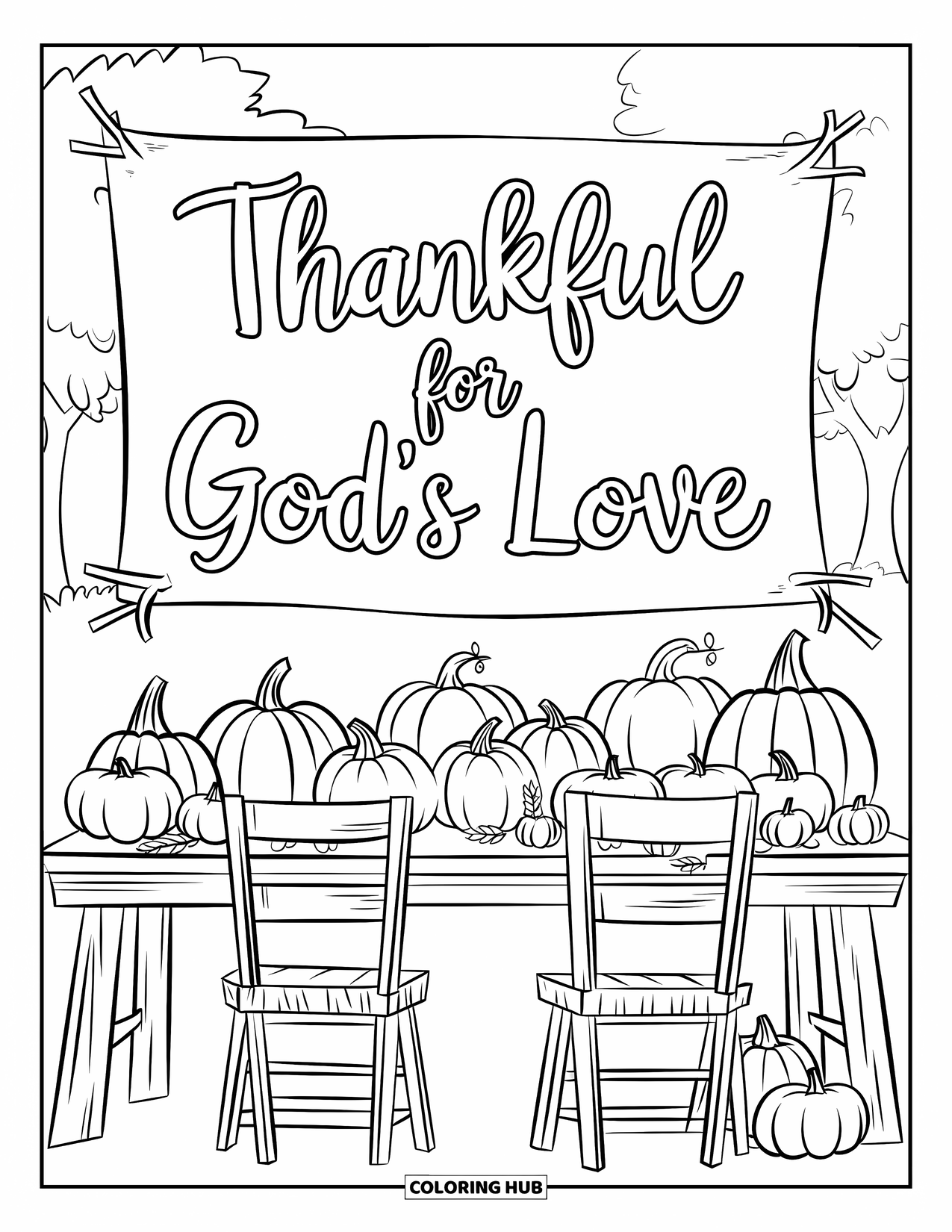 Christian Thanksgiving Coloring Page for Kids: Rustic harvest table with pumpkins and a Thankful for God's Love banner