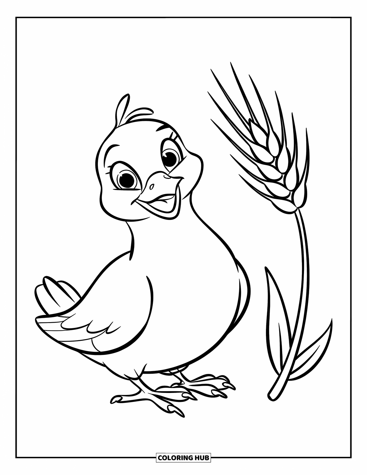 Christian Thanksgiving Coloring Page for Kids: Smiling dove sitting above a tall stalk of wheat