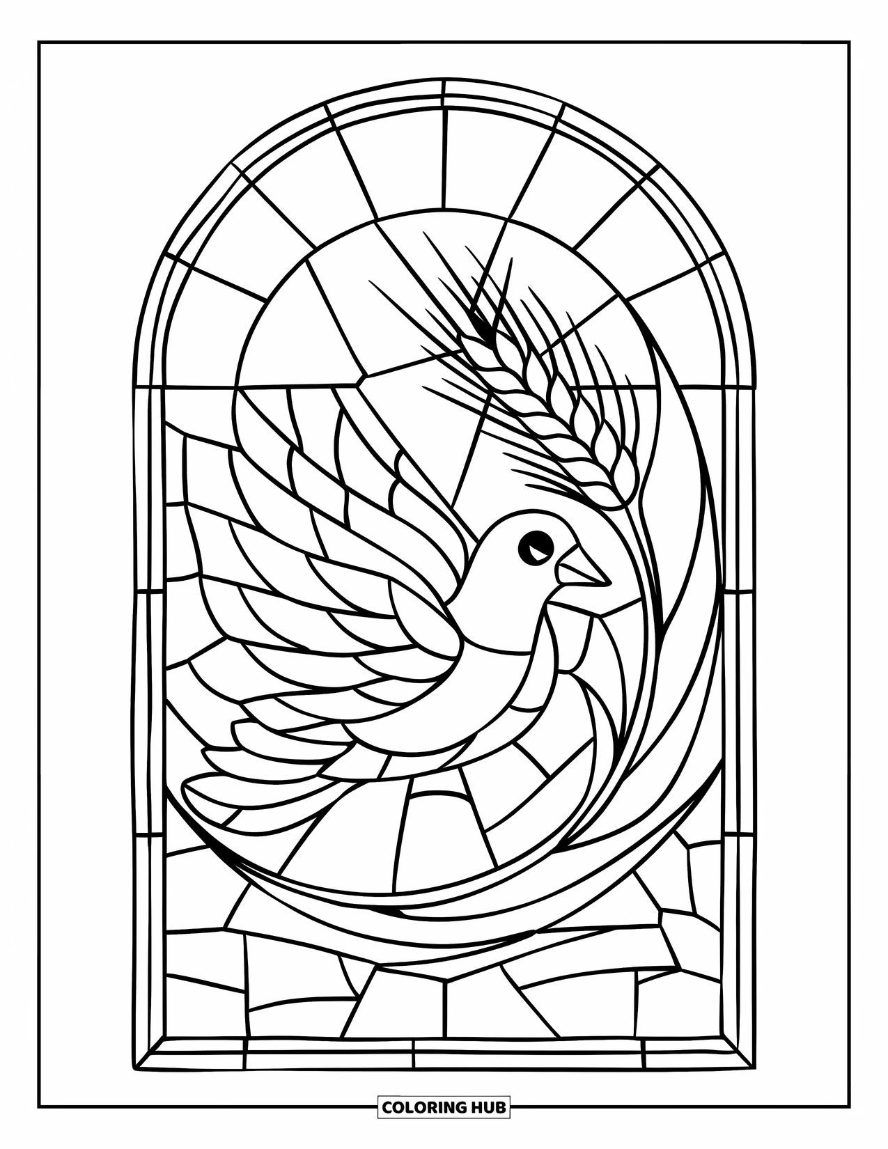 Christian Thanksgiving Coloring Page for Kids: Stained-glass-style window with a dove and wheat stalk