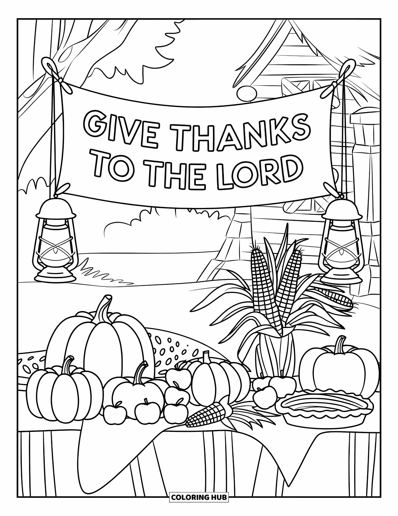 Christian Thanksgiving Coloring Page for Kids: Table with pumpkins, pie, lanterns, and a Give Thanks to the Lord banner