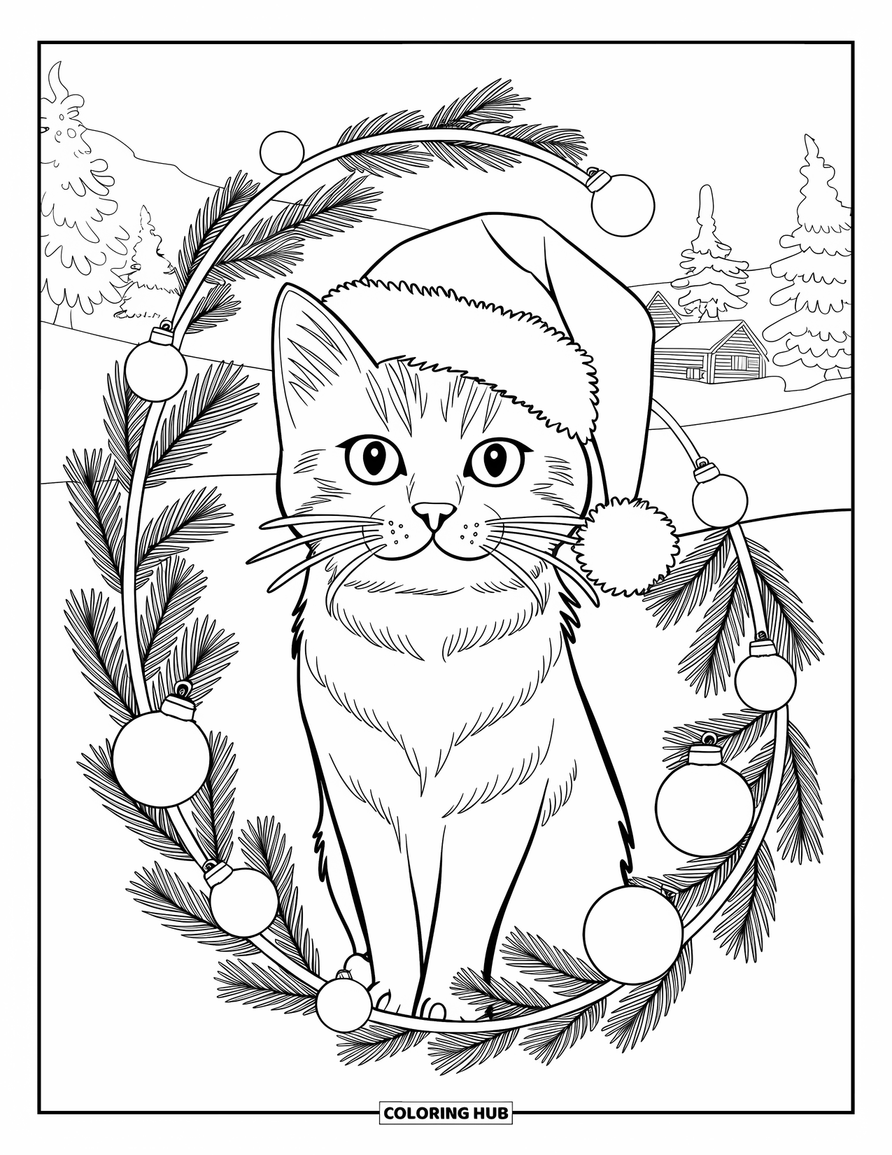 Christmas Animal Coloring Page for Adults: A cat with a Santa hat surrounded by pine branches and a snowy cabin