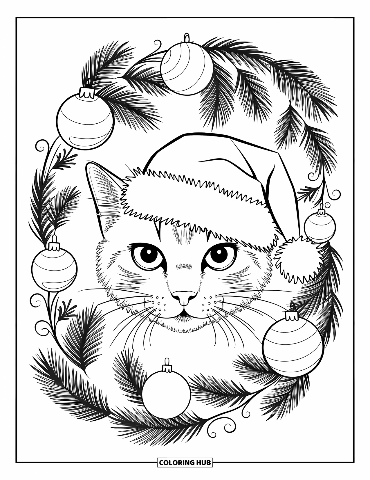Christmas Animal Coloring Page for Adults: A cat's face in a Santa hat surrounded by pine branches and ornaments