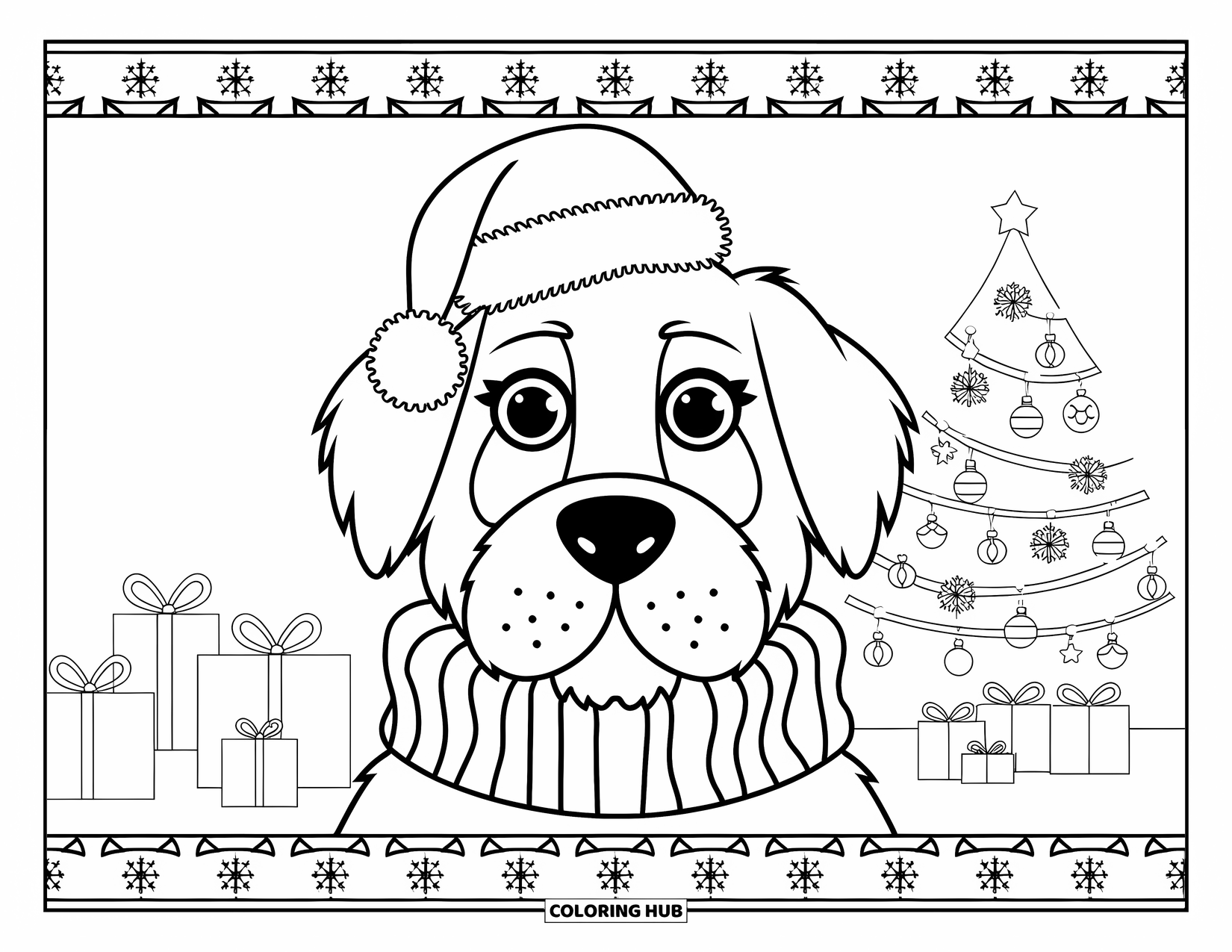 Christmas Animal Coloring Page for Adults: A dog in a Santa hat and scarf surrounded by a festive holiday border