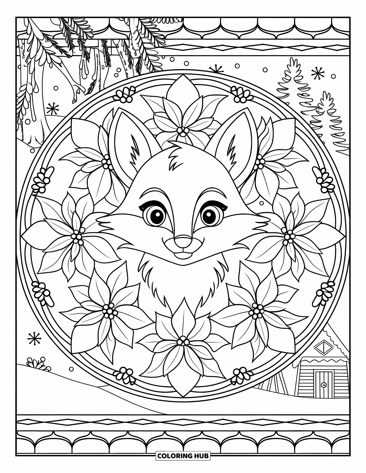 Christmas Animal Coloring Page for Adults: A fox enclosed in a poinsettia mandala with trees, a cabin, and snow