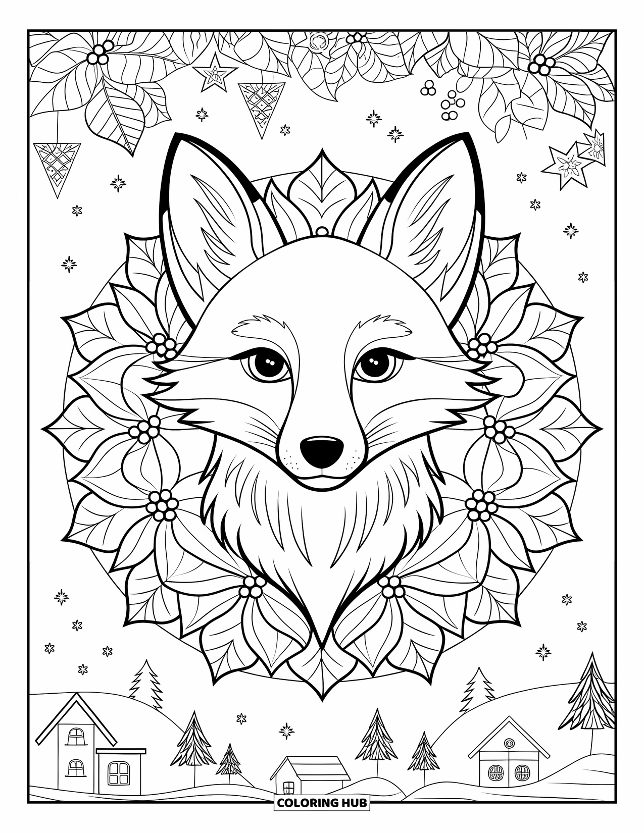 Christmas Animal Coloring Page for Adults: A fox face with a soft expression framed by poinsettia mandalas and stars
