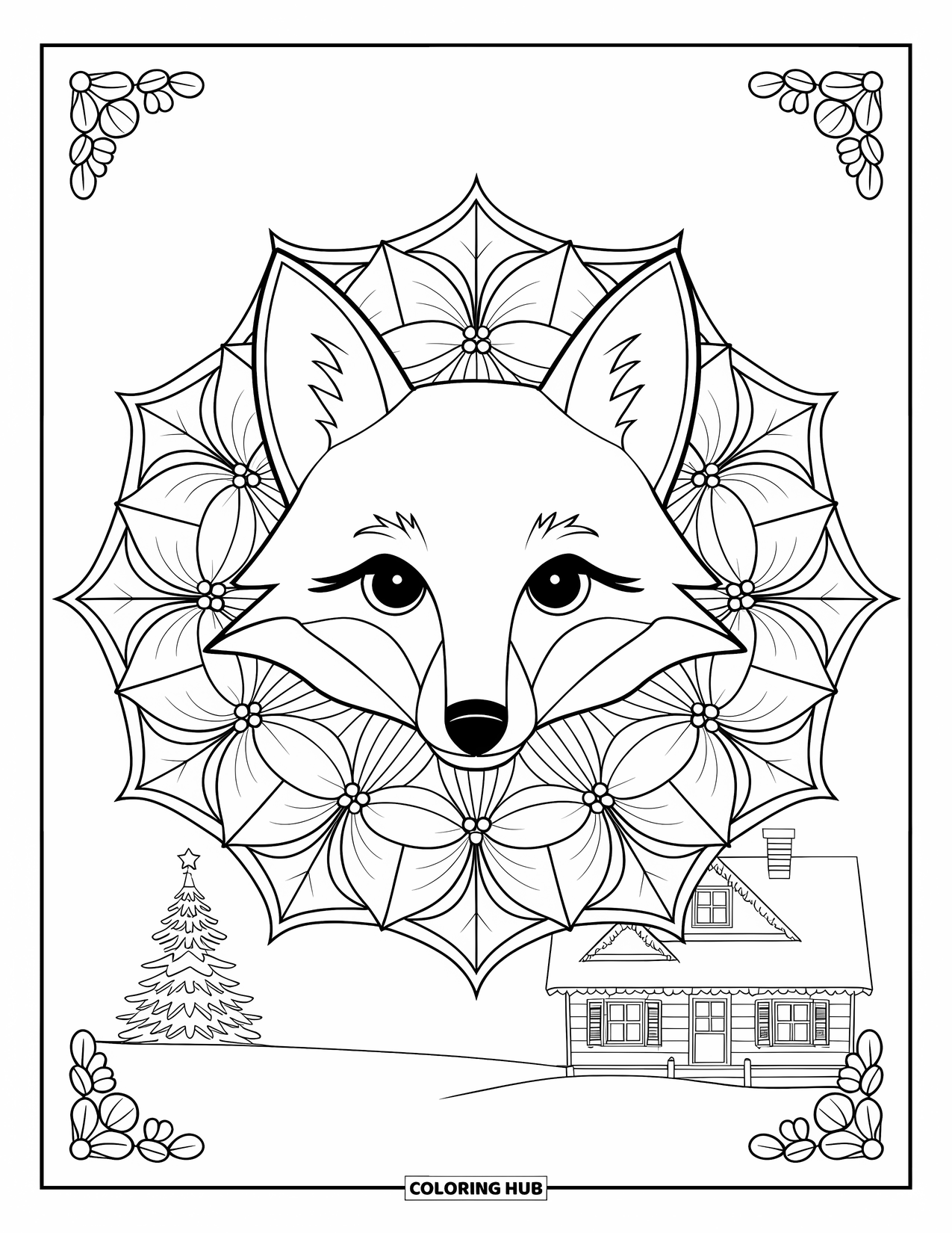 Christmas Animal Coloring Page for Adults: A fox with upright ears framed by poinsettia petals in a snowy scene