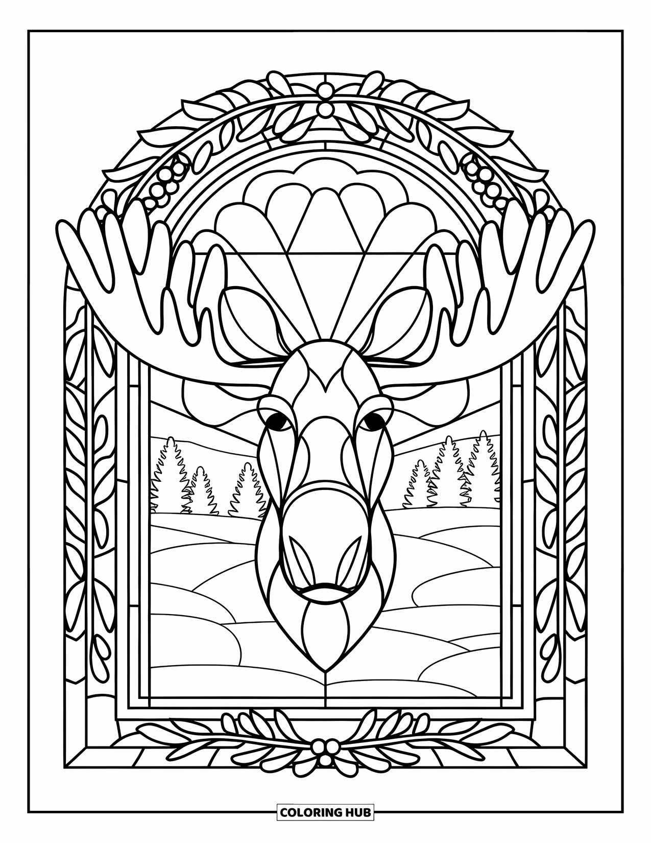 Christmas Animal Coloring Page for Adults: A moose with large antlers framed by a stained-glass arch of garlands and berries