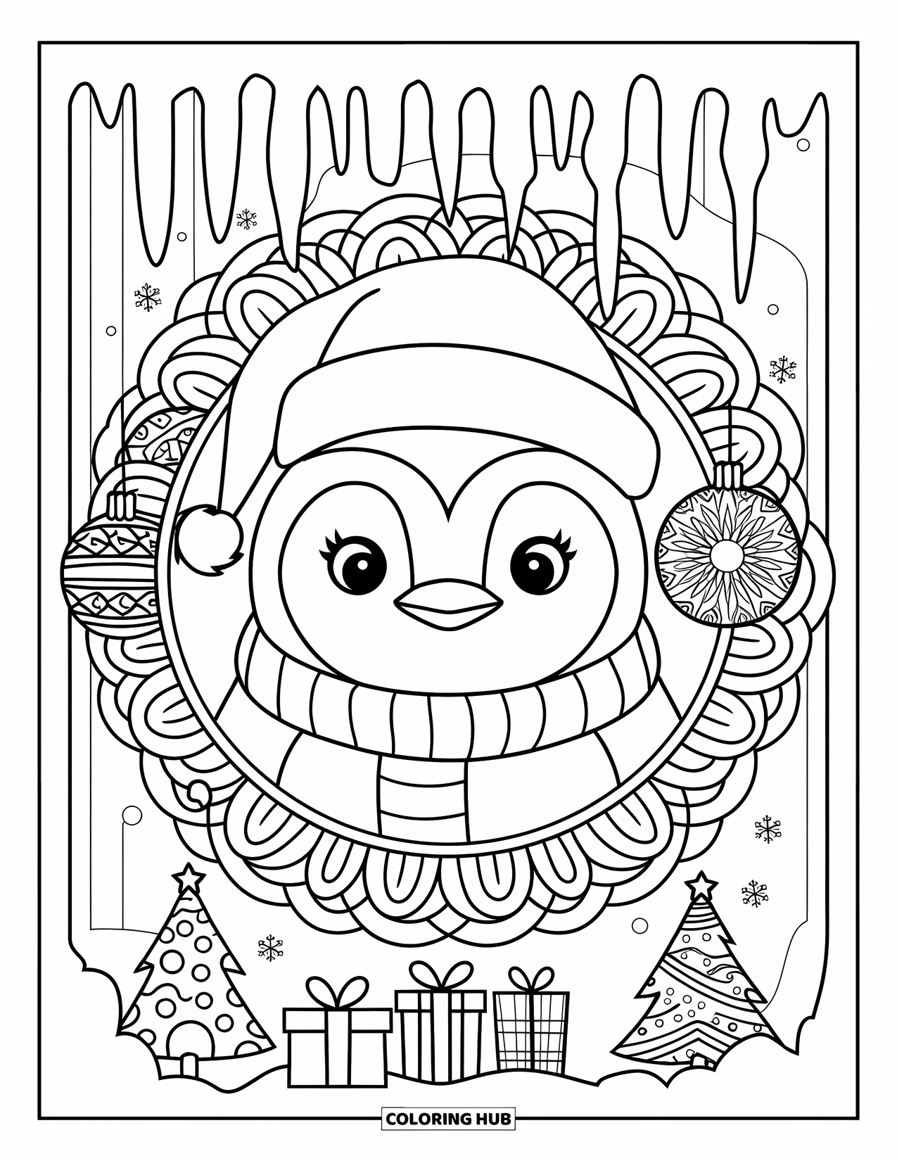 Christmas Animal Coloring Page for Adults: A penguin in a hat and scarf surrounded by mandalas and festive details