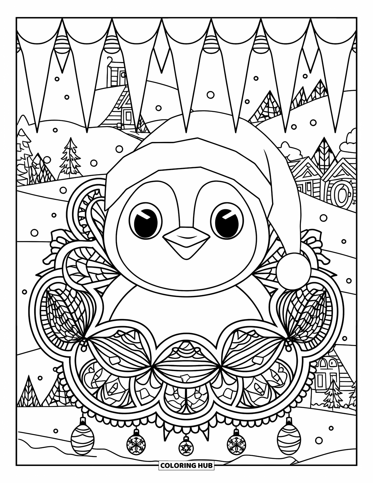 Christmas Animal Coloring Page for Adults: A penguin in a Santa hat framed by icicle and ornament mandalas