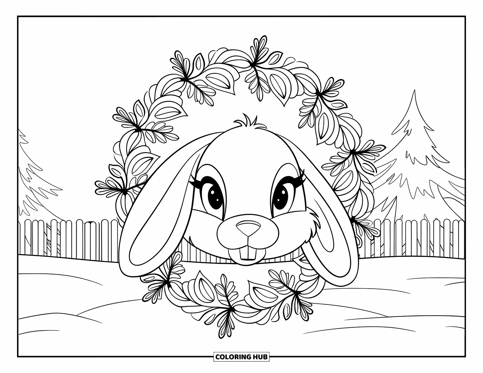 Christmas Animal Coloring Page for Adults: A rabbit with flopped ears framed by a floral mandala in a snowy scene