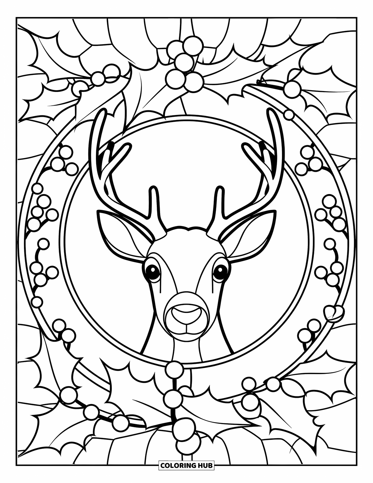 Christmas Animal Coloring Page for Adults: A reindeer close-up with antlers framed by holly and berry stained-glass