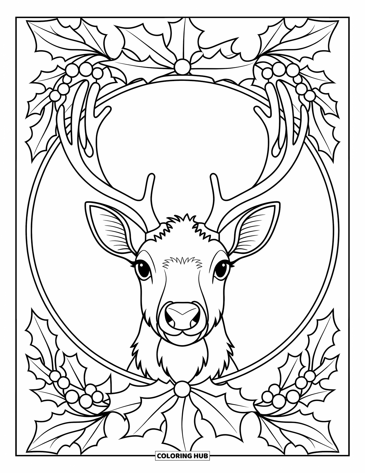 Christmas Animal Coloring Page for Adults: A reindeer face with antlers framed by a circular stained-glass of holly and berries