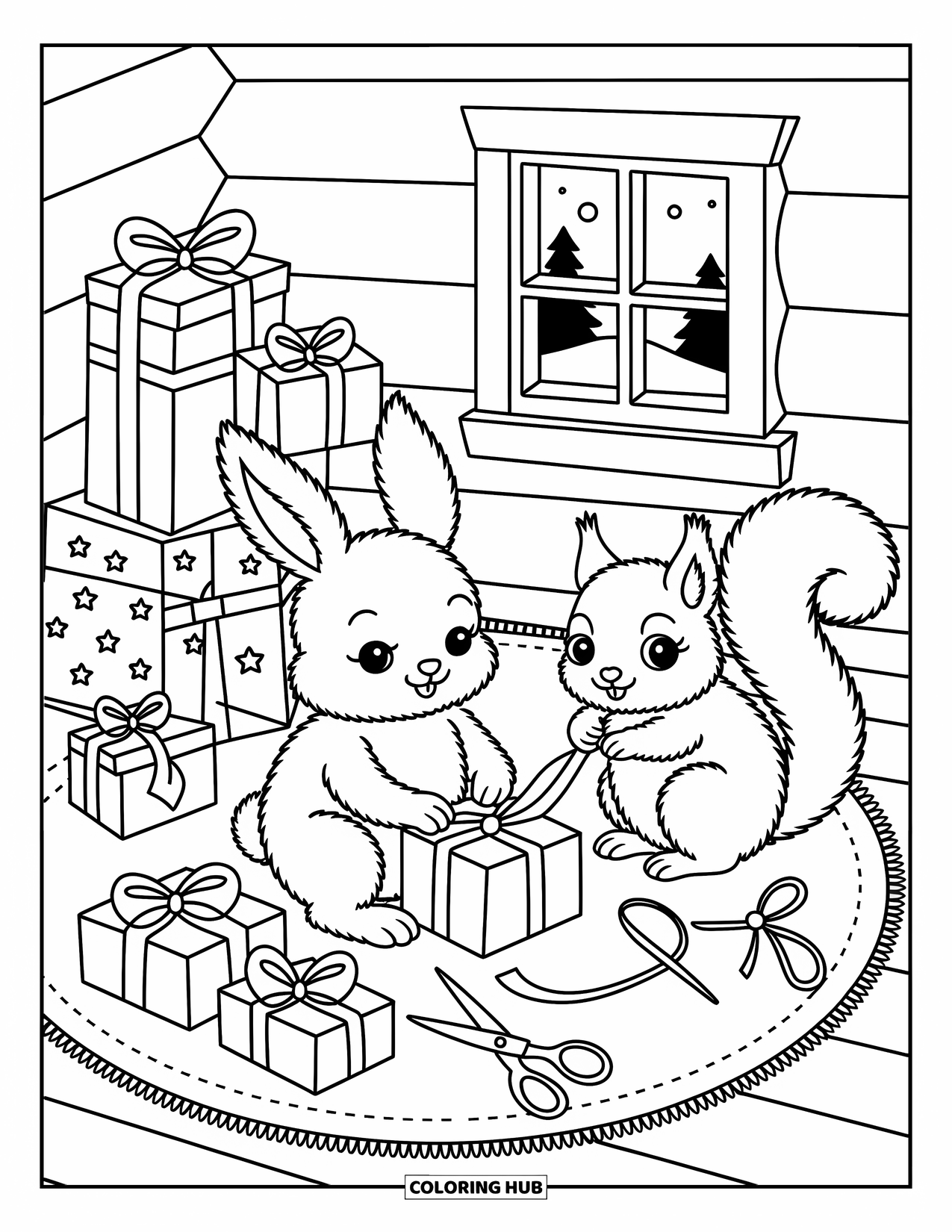Christmas Animal Coloring Page for Adults: Bunny and squirrel prepare presents together on a rug in a warm cabin