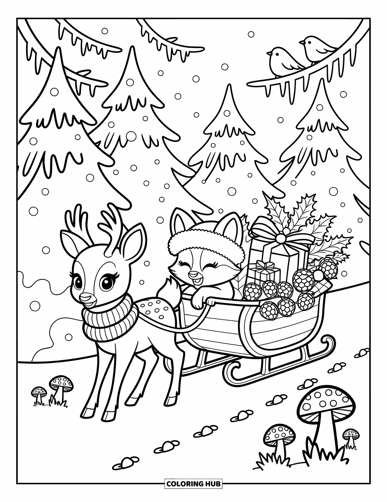 Christmas Animal Coloring Page for Adults: Deer and fox pull a sleigh full of gifts through a snowy forest