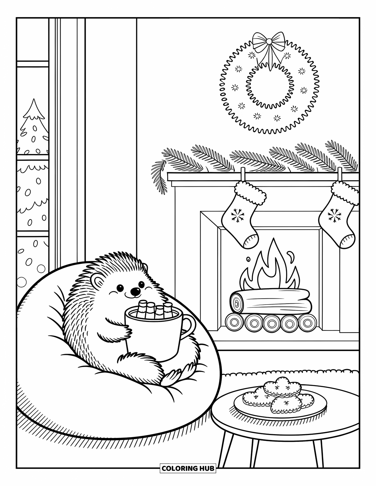 Christmas Animal Coloring Page for Adults: Hedgehog cuddles cocoa by a fireplace with stockings and gingerbread cookies