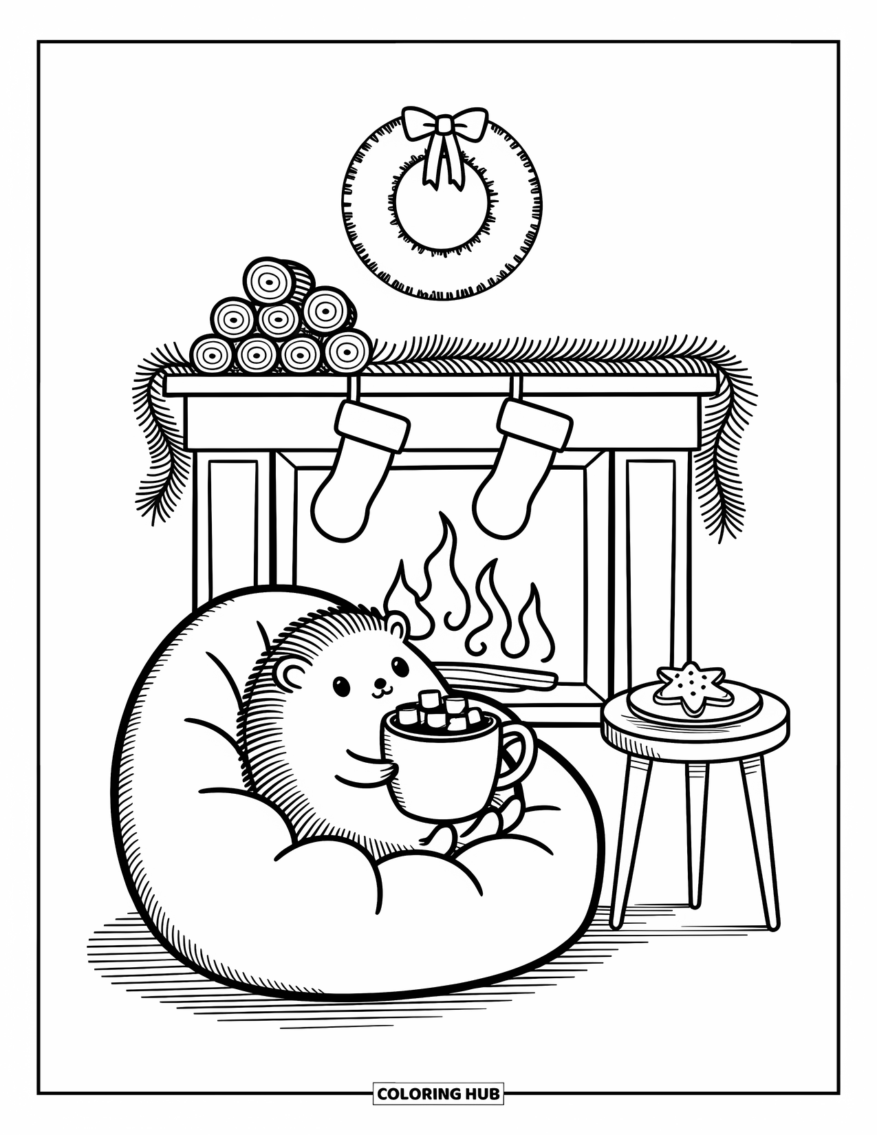 Christmas Animal Coloring Page for Adults: Hedgehog drinks cocoa by a glowing fire with wreath and stockings above