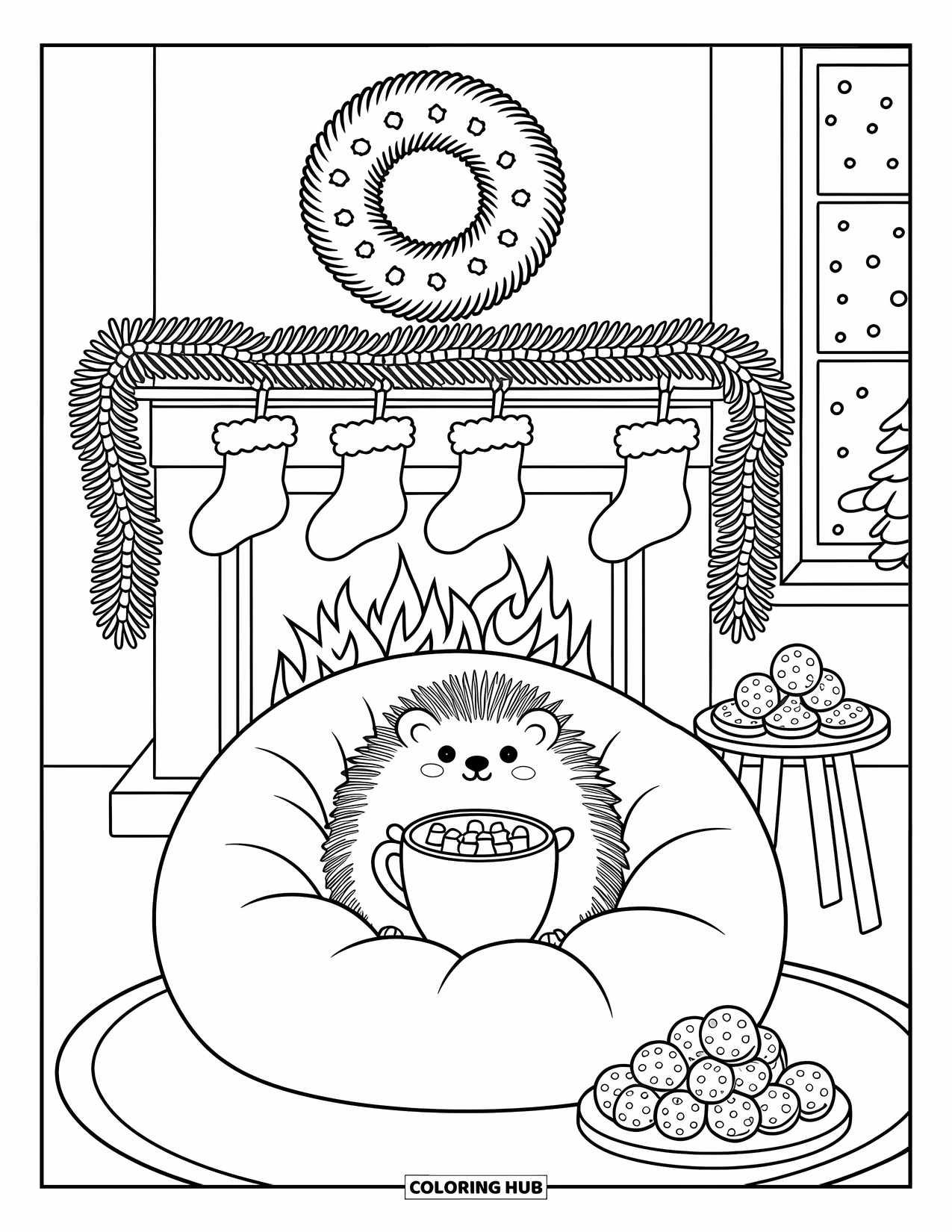Christmas Animal Coloring Page for Adults: Kitten curls inside a stocking with stitched hearts and playful tinsel above