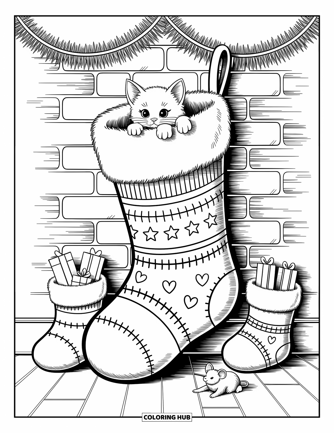 Christmas Animal Coloring Page for Adults: Kitten peeks from a patterned stocking on a rustic wall with toys
