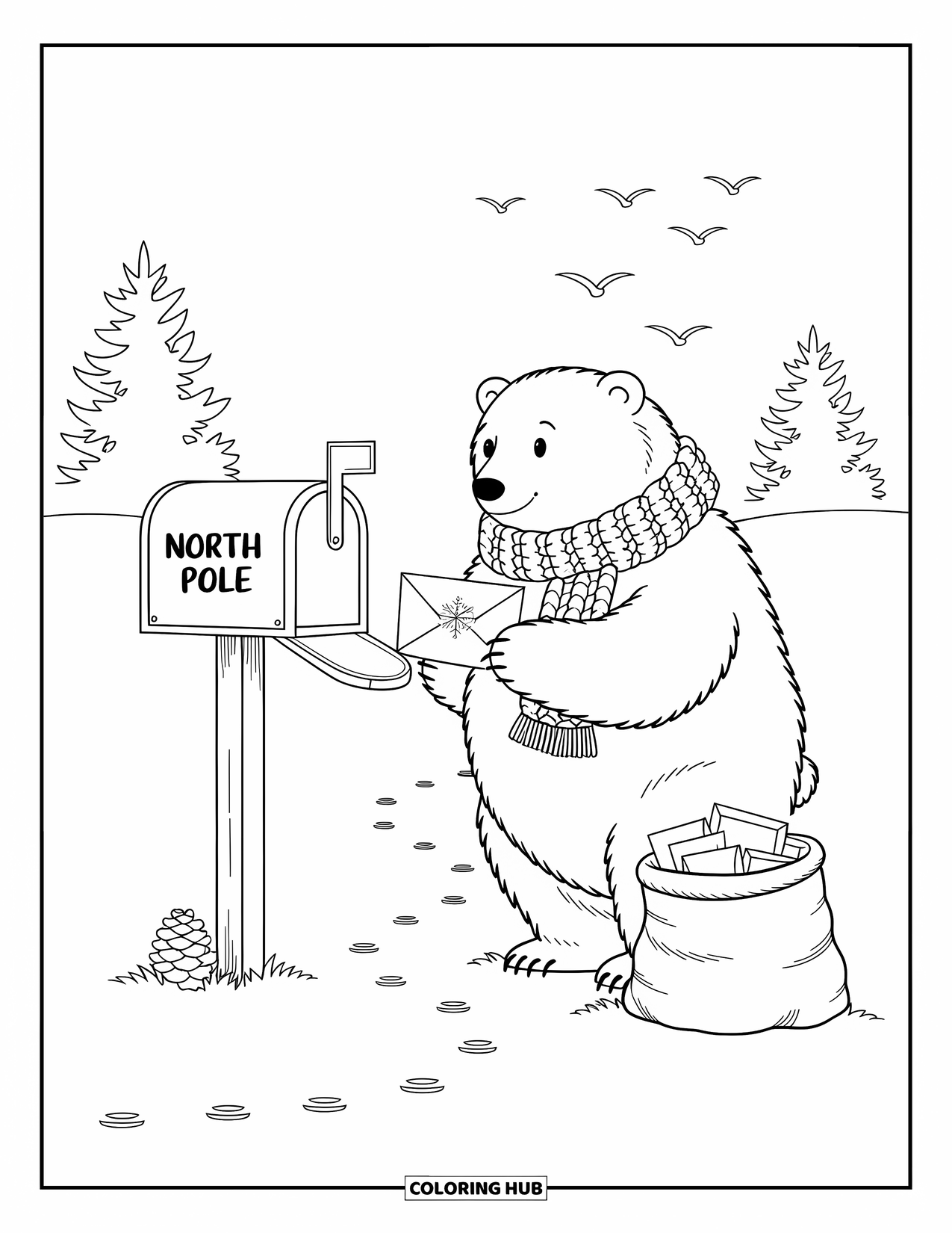 Christmas Animal Coloring Page for Adults: Polar bear in scarf holds a snowflake-sealed letter at the North Pole mailbox
