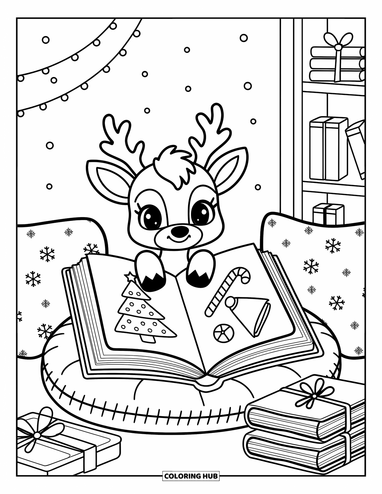 Christmas Animal Coloring Page for Adults: Polar bear with scarf delivers a letter at a snowy North Pole mailbox
