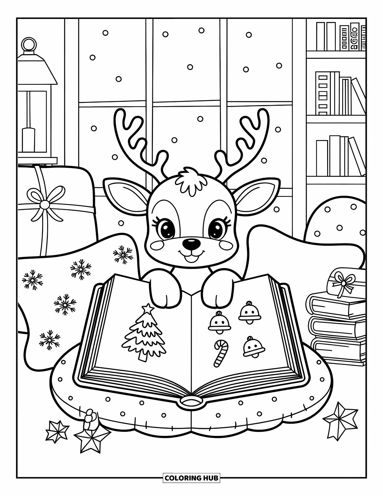 Christmas Animal Coloring Page for Adults: Reindeer reads a book in a cozy nook with pillows and lantern light