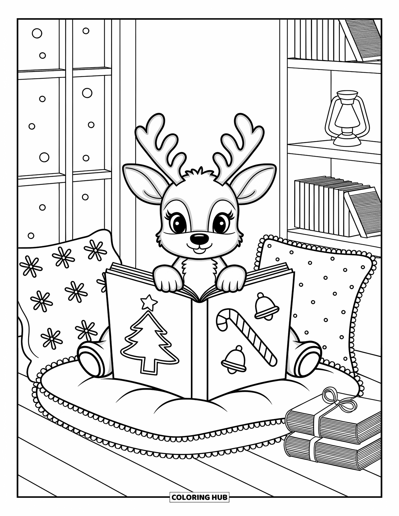 Christmas Animal Coloring Page for Adults: Reindeer relaxes with a book in a reading nook on a snowy night