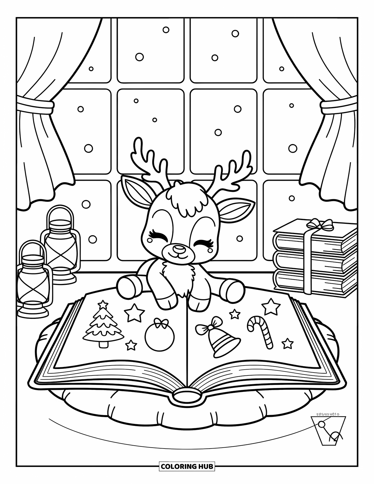 Christmas Animal Coloring Page for Adults: Reindeer sits on a cushion reading a book under a glowing lantern