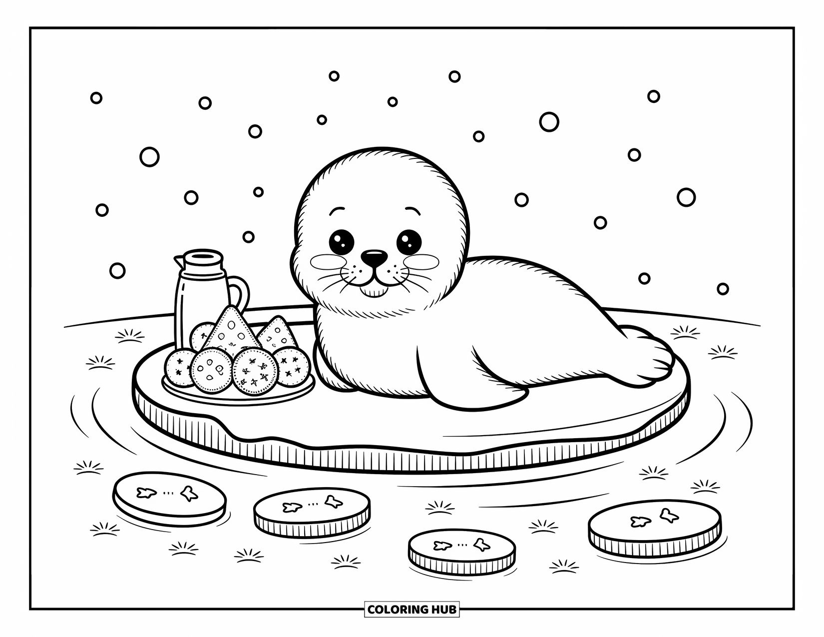 Christmas Animal Coloring Page for Adults: Seal lounges on ice with cookies and cocoa as snowflakes drift down