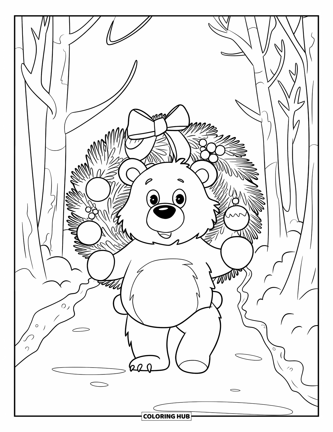Christmas Animal Coloring Page for Kids: A bear carrying a Christmas wreath along a snowy forest path
