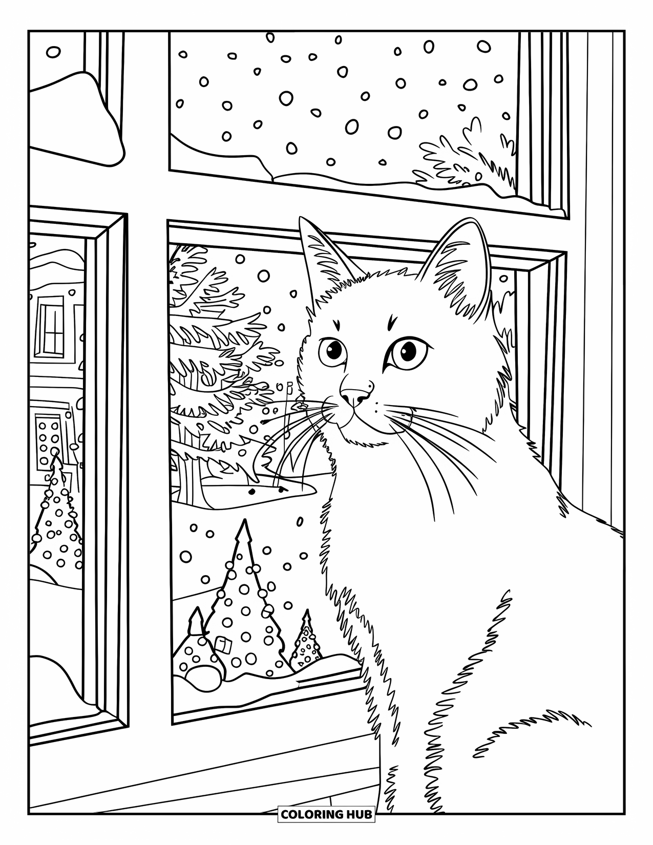 Christmas Animal Coloring Page for Kids: A cat staring out a snowy window at glowing tree lights