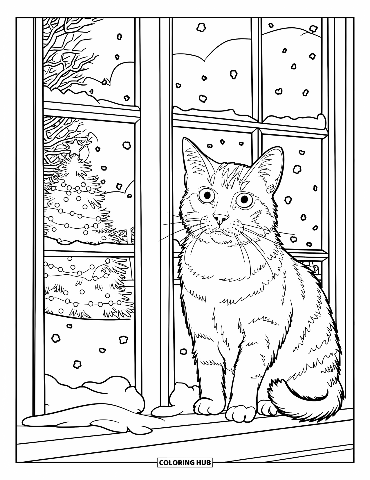 Christmas Animal Coloring Page for Kids: A curious cat sitting on a snowy windowsill looking outside